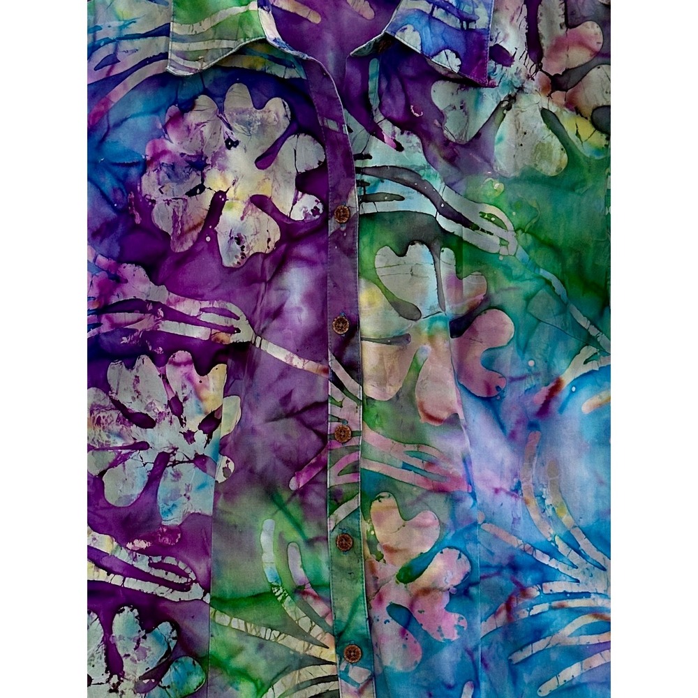 Caribbean Joe Womens Boho M Batik Floral Button Cotton Short Sleeve Multi - Picture 3 of 5
